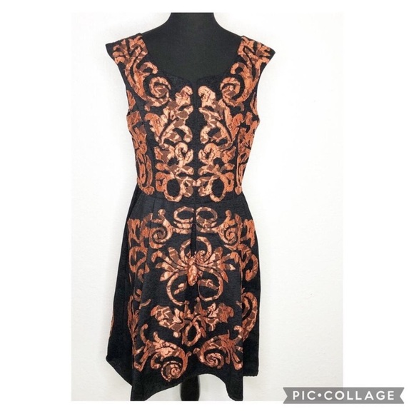 Yoana Baraschi black orange/copper metallic floral lace fit & flare dress size 2 - Picture 2 of 16